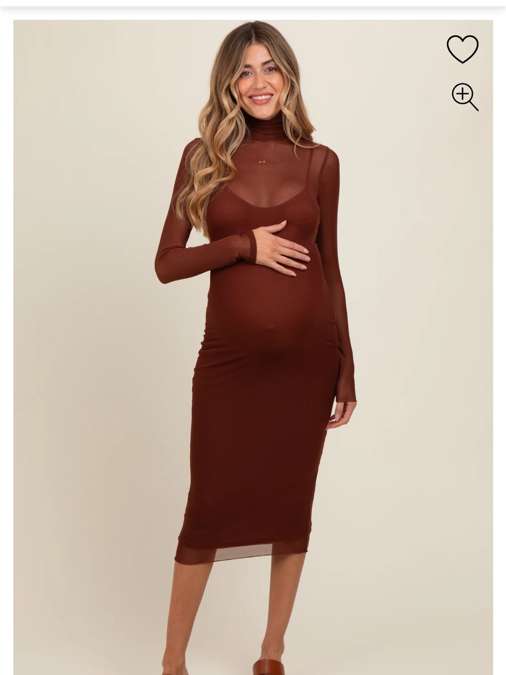 Sheer Panel Maternity Midi Dress in Deep Brown/Burgundy